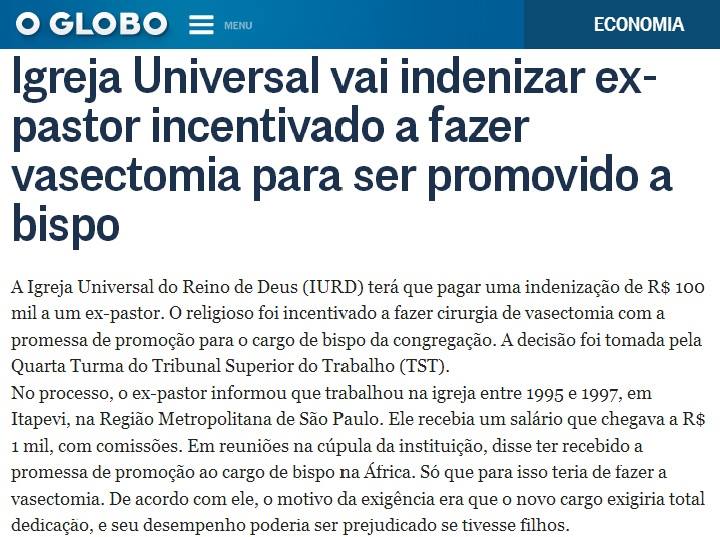 Universal vai indenizar ex-pastor incentivado a realizar vasectomia